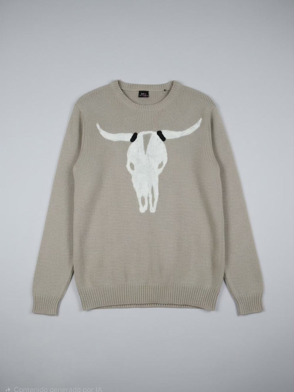 Smell The Roses Neutral Beige Crewneck Sweater with White Skull Motif. Size L